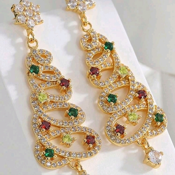 ✨️ 1 pair  Alloy GOLD Cubic Zirconia Christmas Tree Dangle Earrings ✨️ - Picture 1 of 3